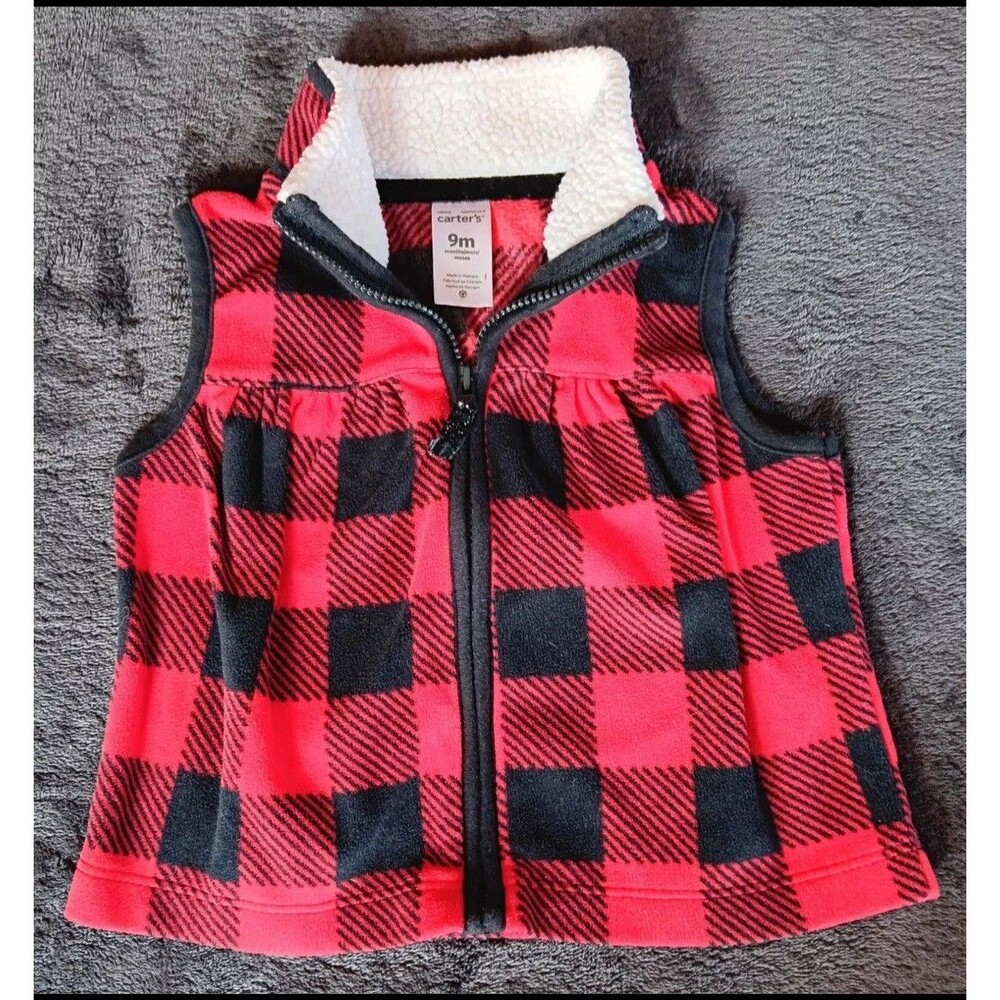 Vest 9 months baby Girls Carters Fleece Zip Red Black Plaid With Sherpa Collar